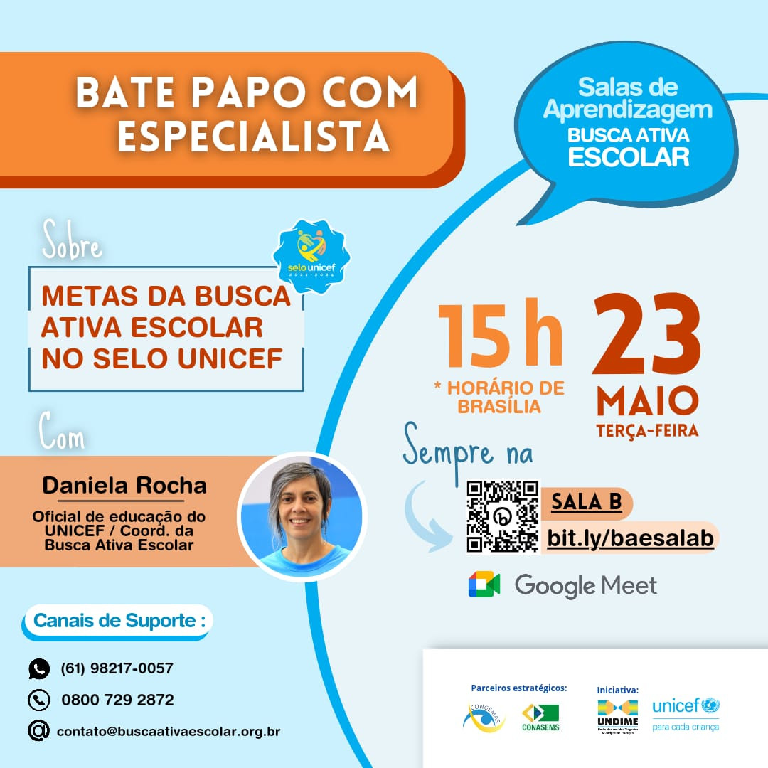 Busca Ativa Escolar no Selo UNICEF: Bate papo sobre as metas acontece nesta terça-feira