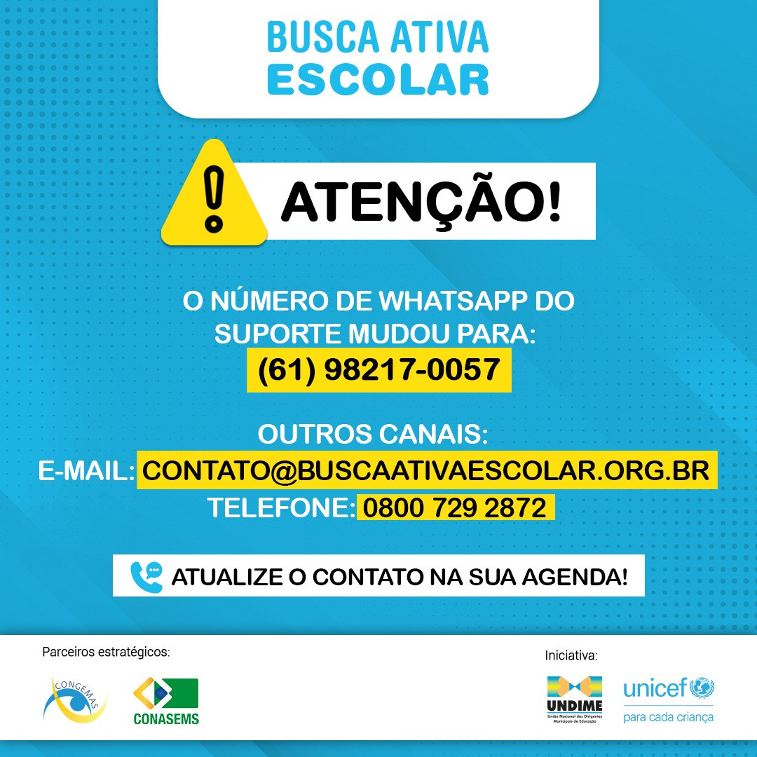 Confira o novo número de suporte do WhatsApp da Busca Ativa Escolar