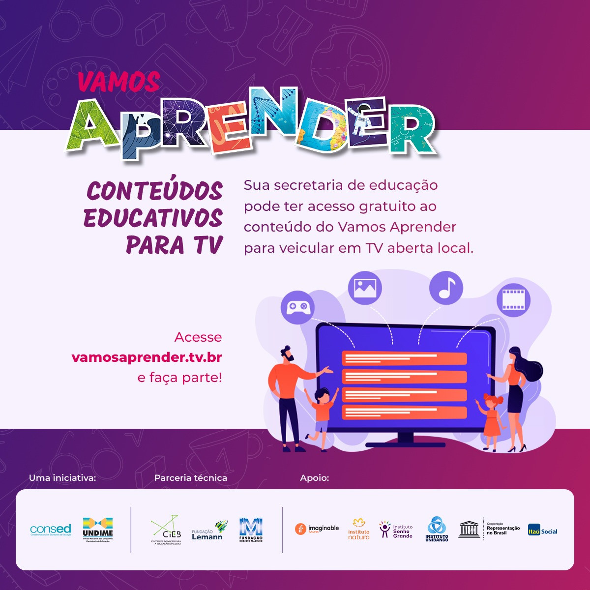 Projeto Vamos Aprender está disponível gratuitamente para todas as redes públicas de ensino com programas educativos via televisão, plataforma ou aplicativo